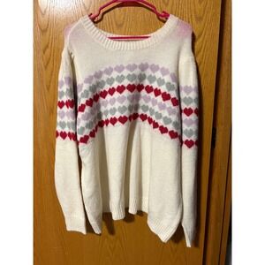 Maurices Womens 2X Cream Heart Pattern Lightweight Sweater Puff Sleeve Crew Neck
